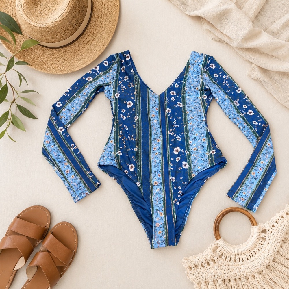 O'Neill Penny San Marco Surf Suit Women S Blue Floral Long Sleeve One Piece Boho